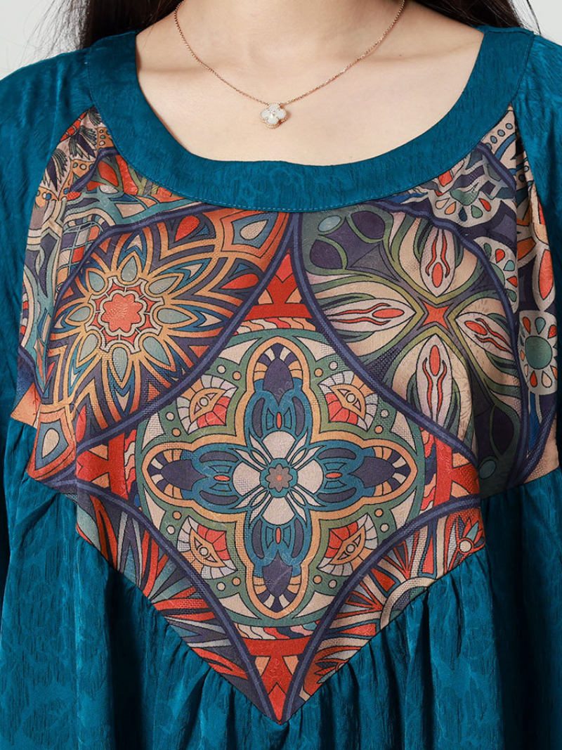Scoop Neck Embroidered Medallion Roll Tab Sleeve Maxi Kaftan Dress 5