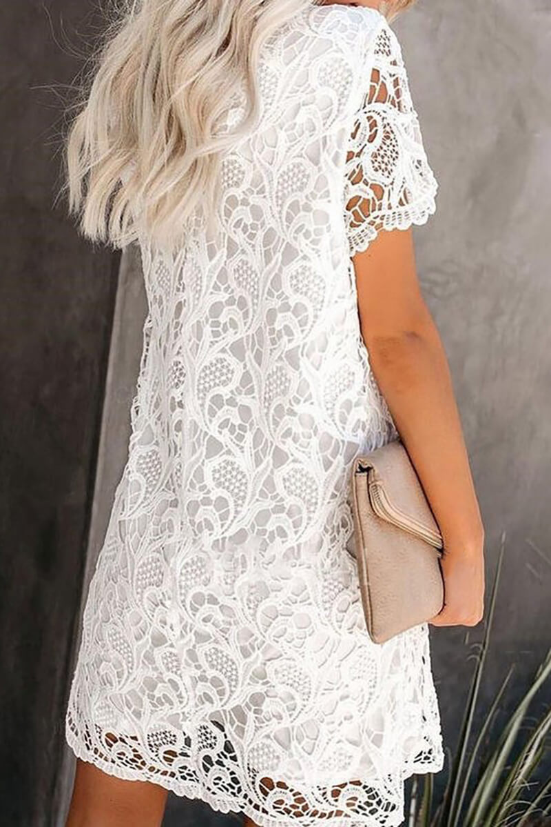 Floral Lace Round Neck Short Sleeve Scalloped Hem Shift Mini Dress 2
