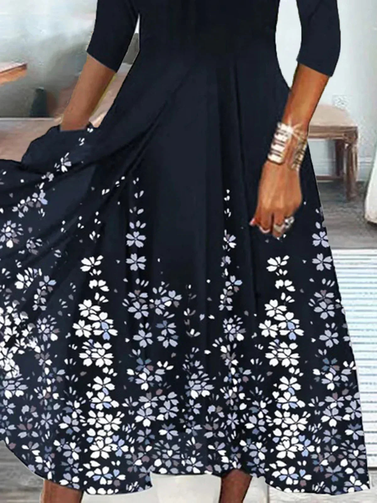 Scalloped V-Neck Three-Quarter Sleeve Floral Border Print A-Line Midi Dress 2