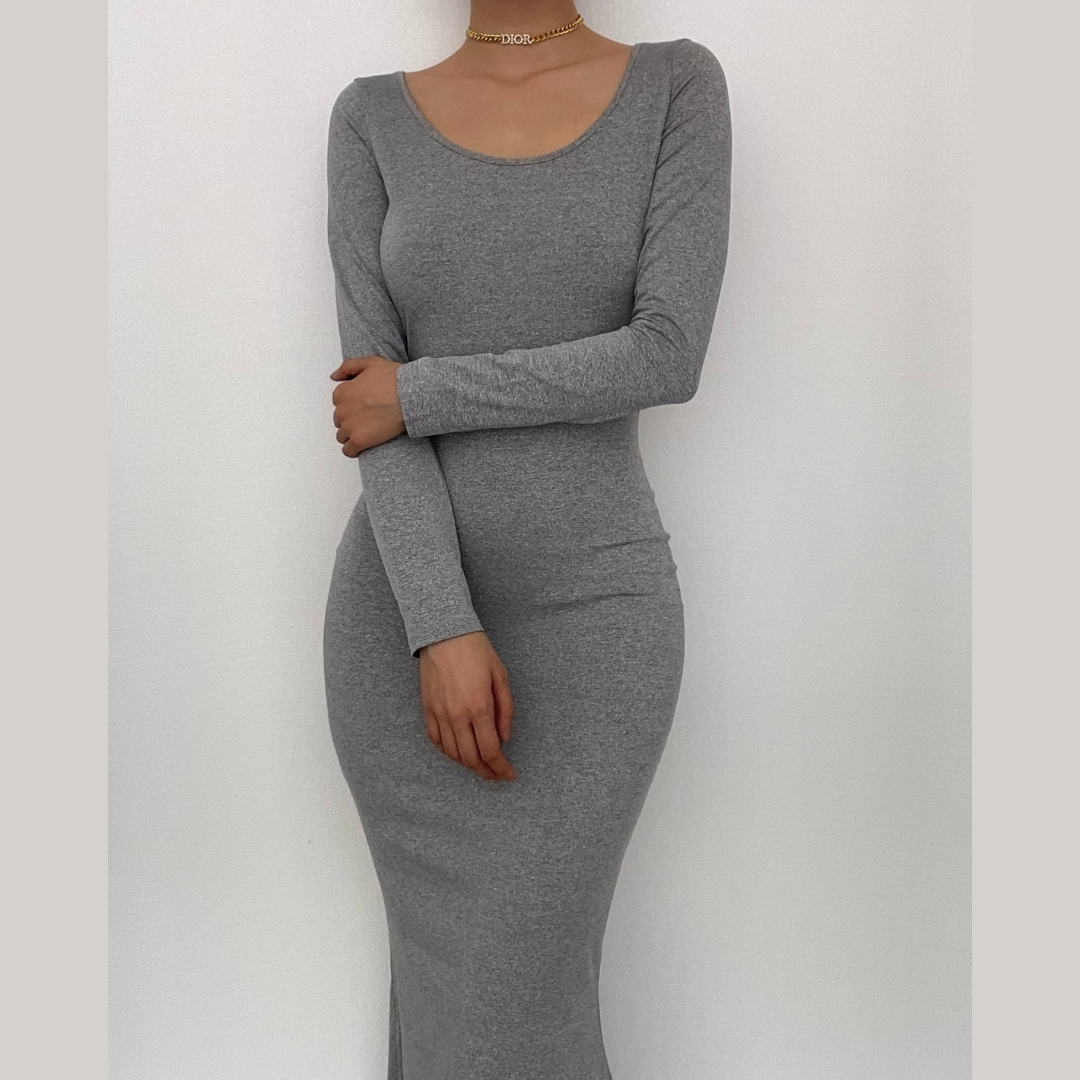 Scoop Neck Long Sleeve Mermaid Hem Knit Bodycon Maxi Dress 2