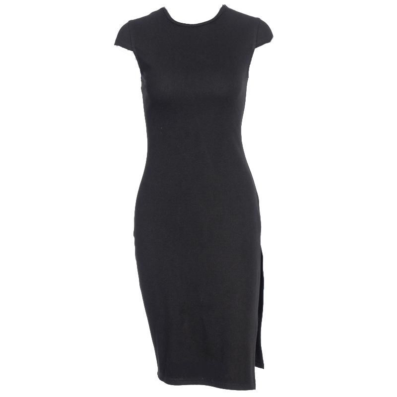 Rib Knit Crew Neck Sleeveless High Slit Bodycon Midi Dress 13
