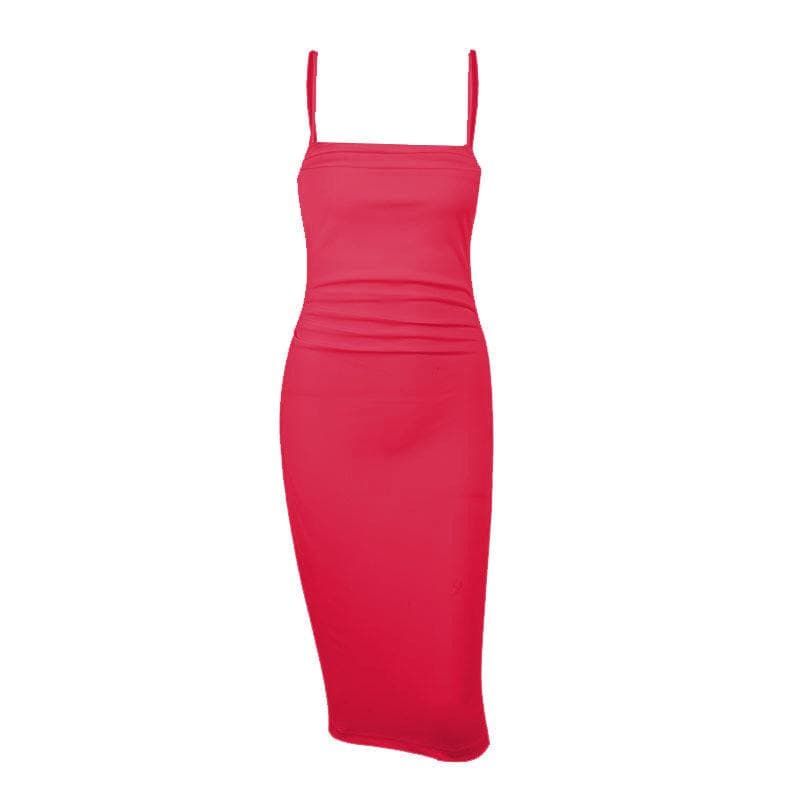 Square Neck Spaghetti Strap Ruched Waist Bodycon Midi Dress 5