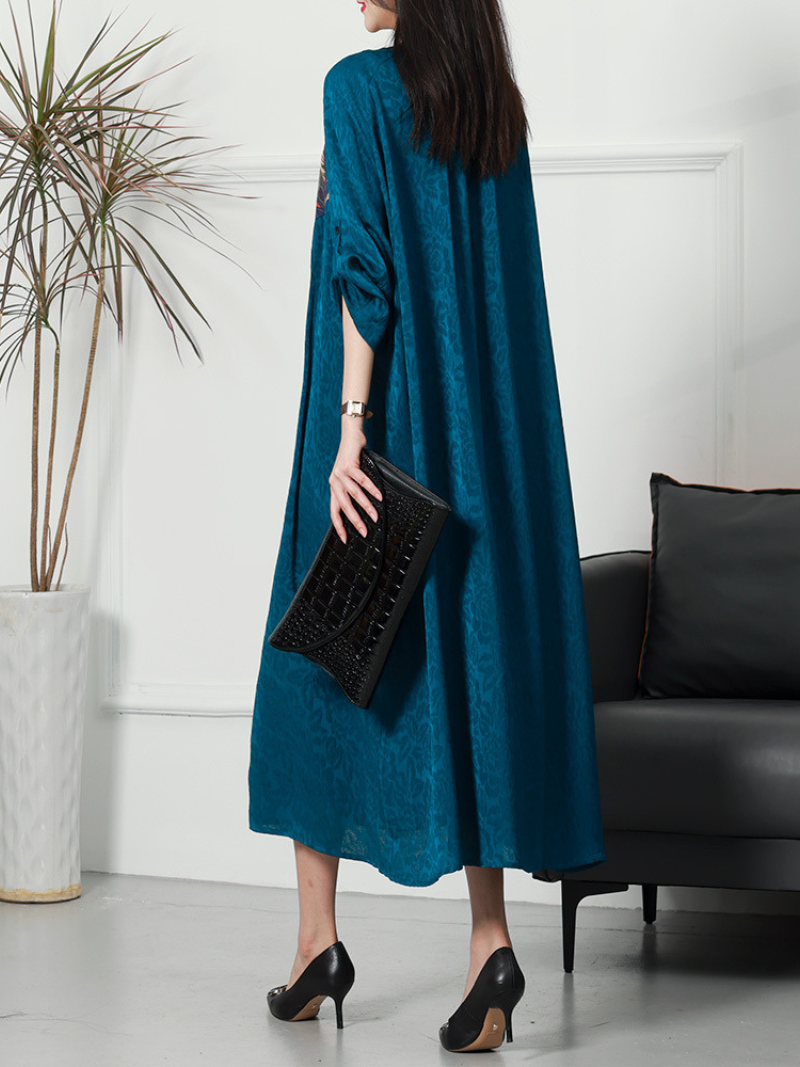 Scoop Neck Embroidered Medallion Roll Tab Sleeve Maxi Kaftan Dress 6