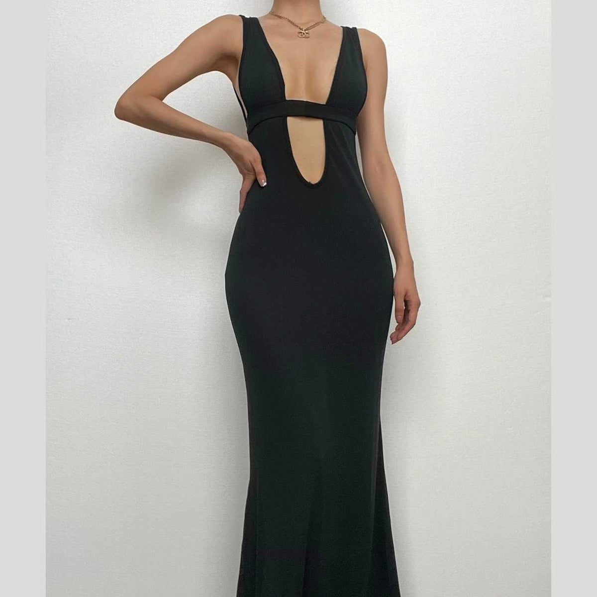 Wide Strap Deep Plunge Oval Cutout Bodycon Column Maxi Dress