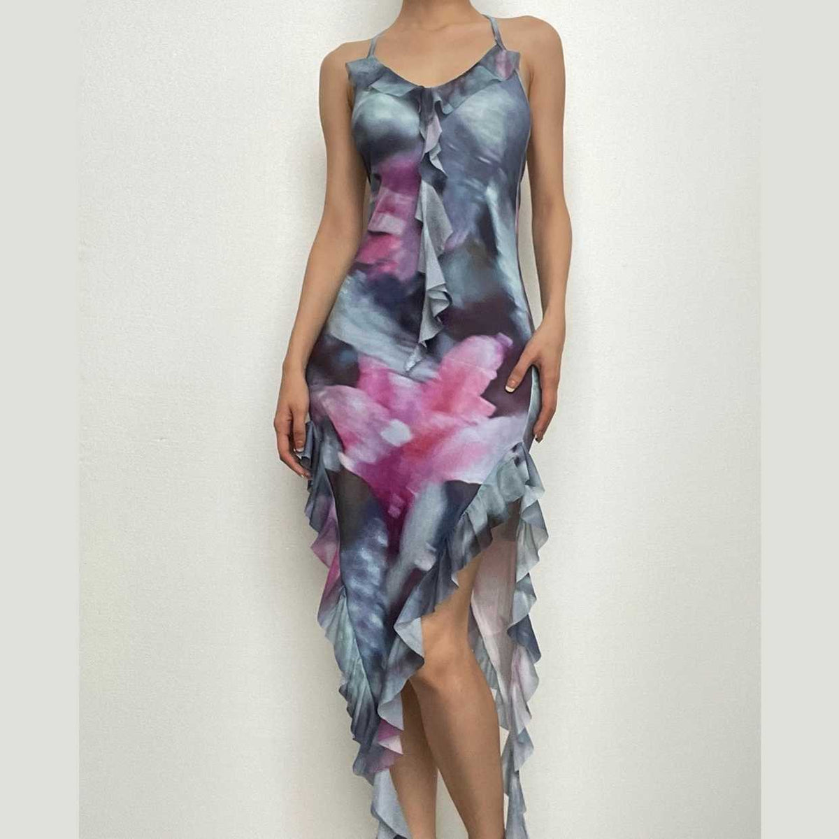 Tie-Dye Print Halter Ruffle Trim Asymmetrical Handkerchief Hem Mini Dress
