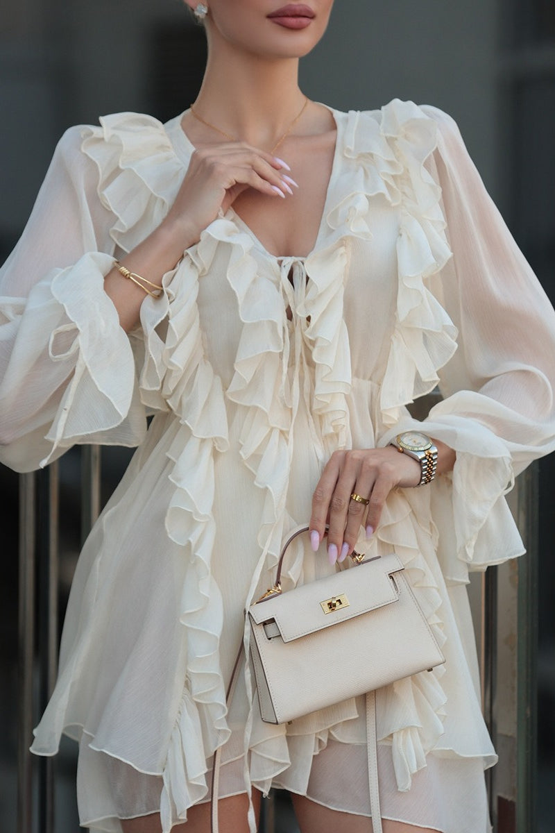 Plunging V-Neck Ruffled Tiered Chiffon Long Sleeve Mini Dress 4