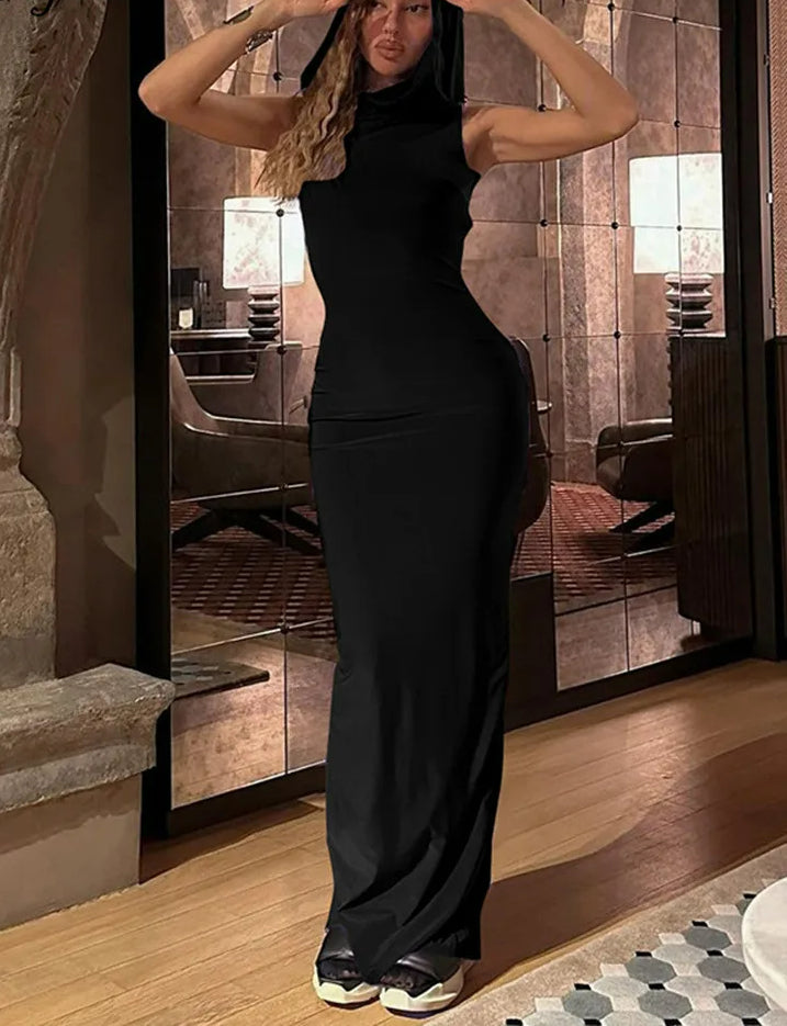 Hooded Cowl Neck Sleeveless Bodycon Maxi Dress 3