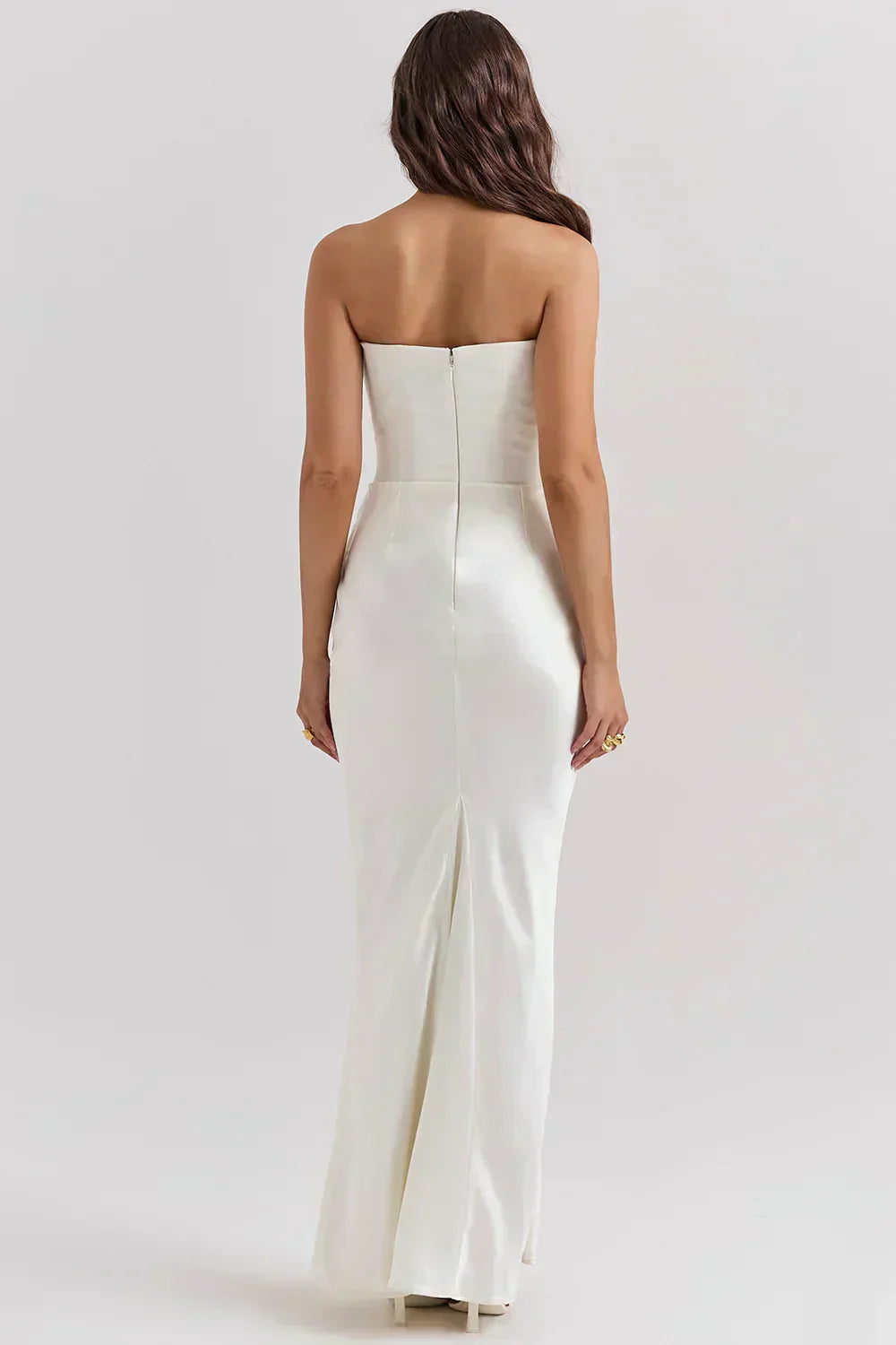 Strapless Pointed Neckline Hip Ruched Column Maxi Gown 3