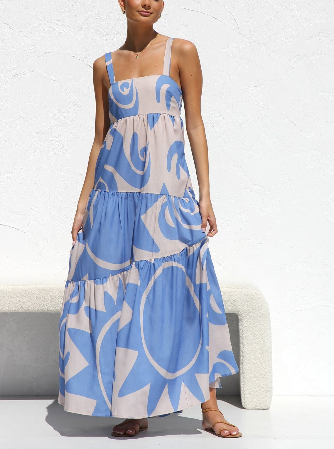 Abstract Print Square Neck Tiered Wide Strap Maxi Dress