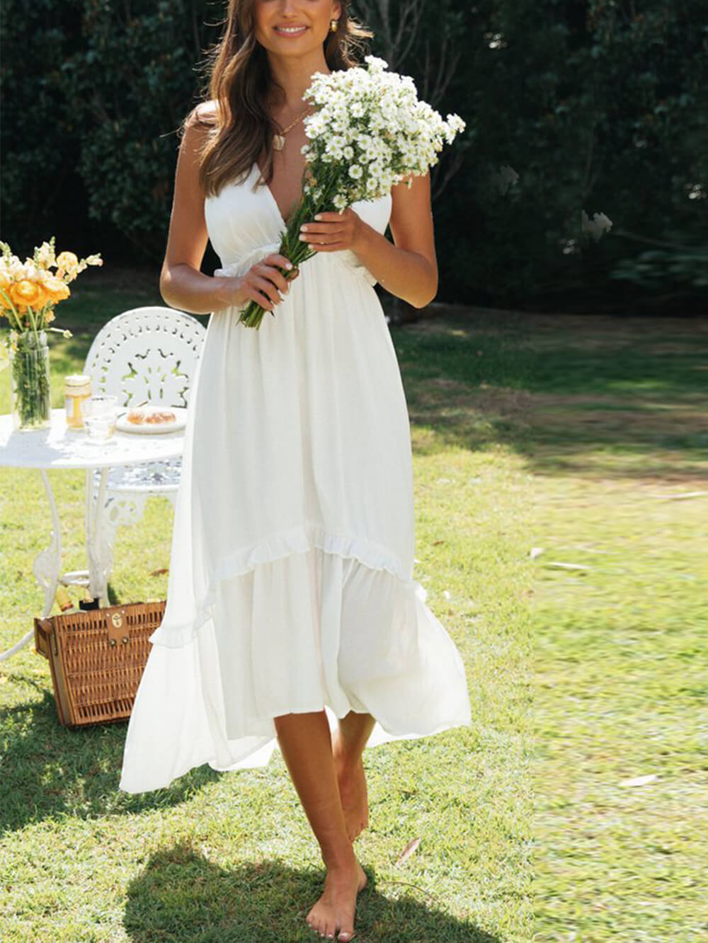 Deep V-Neck Spaghetti Strap Tiered Ruffle Hem Midi Sundress