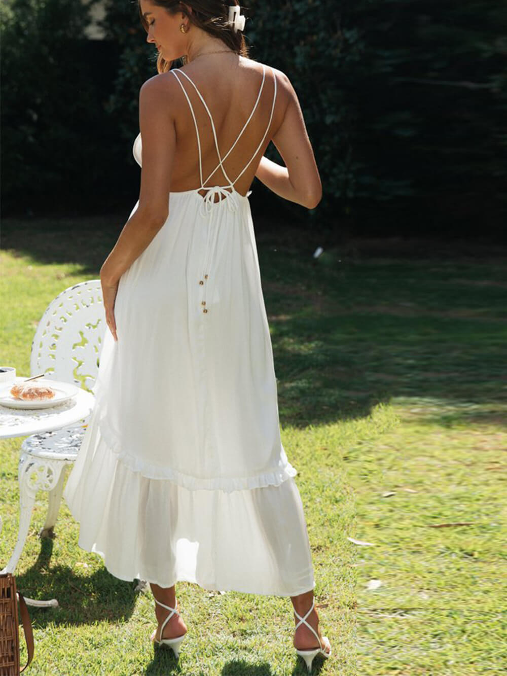 Deep V-Neck Spaghetti Strap Tiered Ruffle Hem Midi Sundress 2
