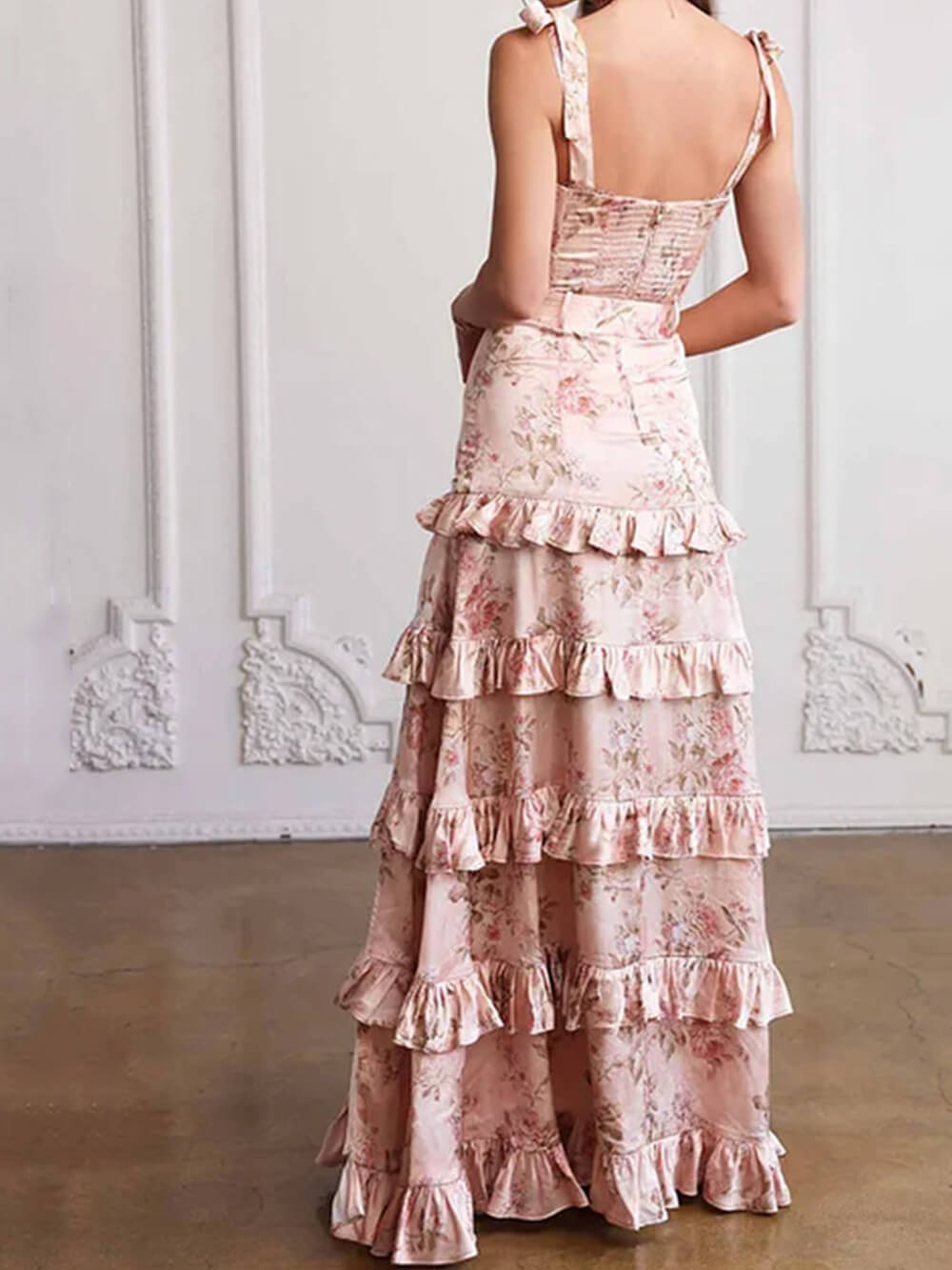 Floral Print Corset Bodice Tie Shoulder Tiered Ruffle High Slit Maxi Dress 4