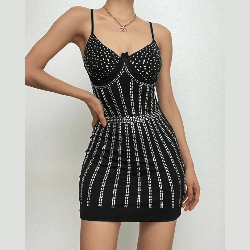 Rhinestone Embellished Sweetheart Neck Spaghetti Strap Corset Line Bodycon Mini Dress