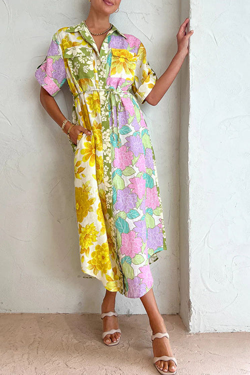 Collared Button Down Short Sleeve Drawstring Patchwork Floral Midi Shirt Dress 3