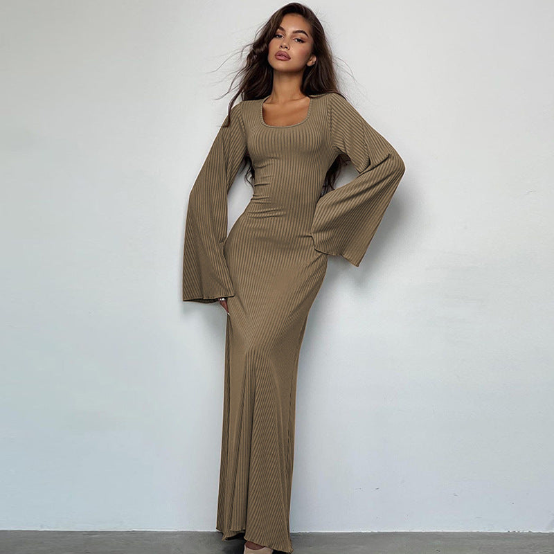 Scoop Neck Long Sleeve Bell Cuff Rib Knit Maxi Dress 2