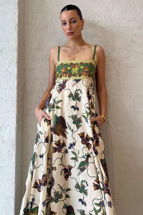Spaghetti Strap Empire Waist Bird Botanical Border Print Pocket Maxi Dress 4