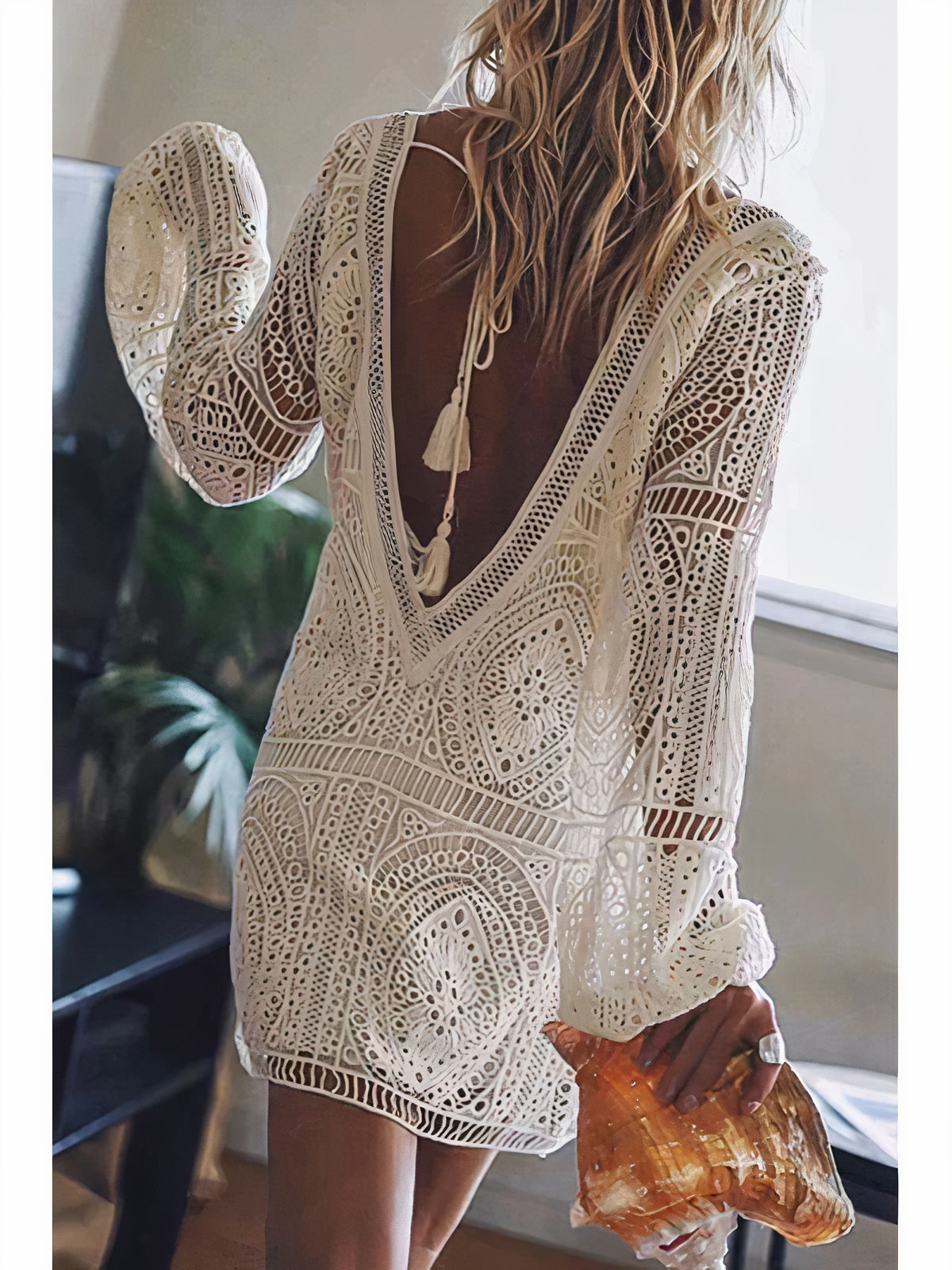 Deep V Plunging Crochet Lace Long Sleeve Beach Mini Dress 2