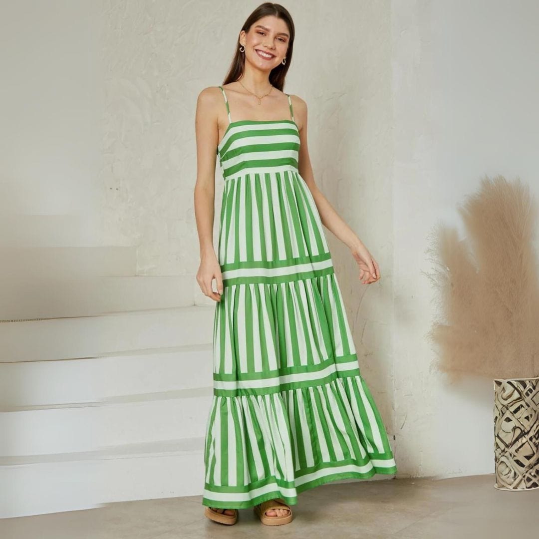 Horizontal Stripe Bodice Vertical Stripe Tiered Spaghetti Strap Maxi Dress 3