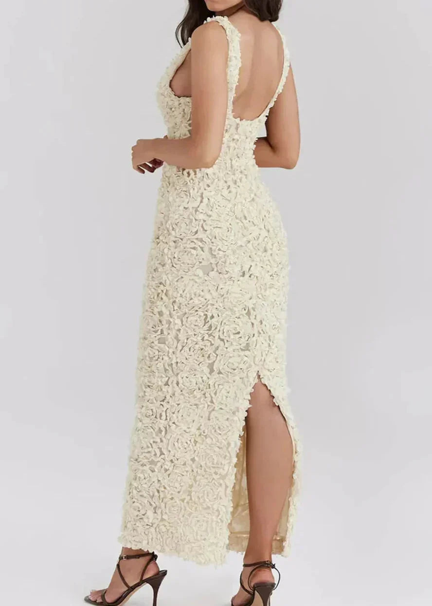 Petal Rosette Applique Plunging Scoop Neck Sleeveless Bodycon Maxi Dress 6