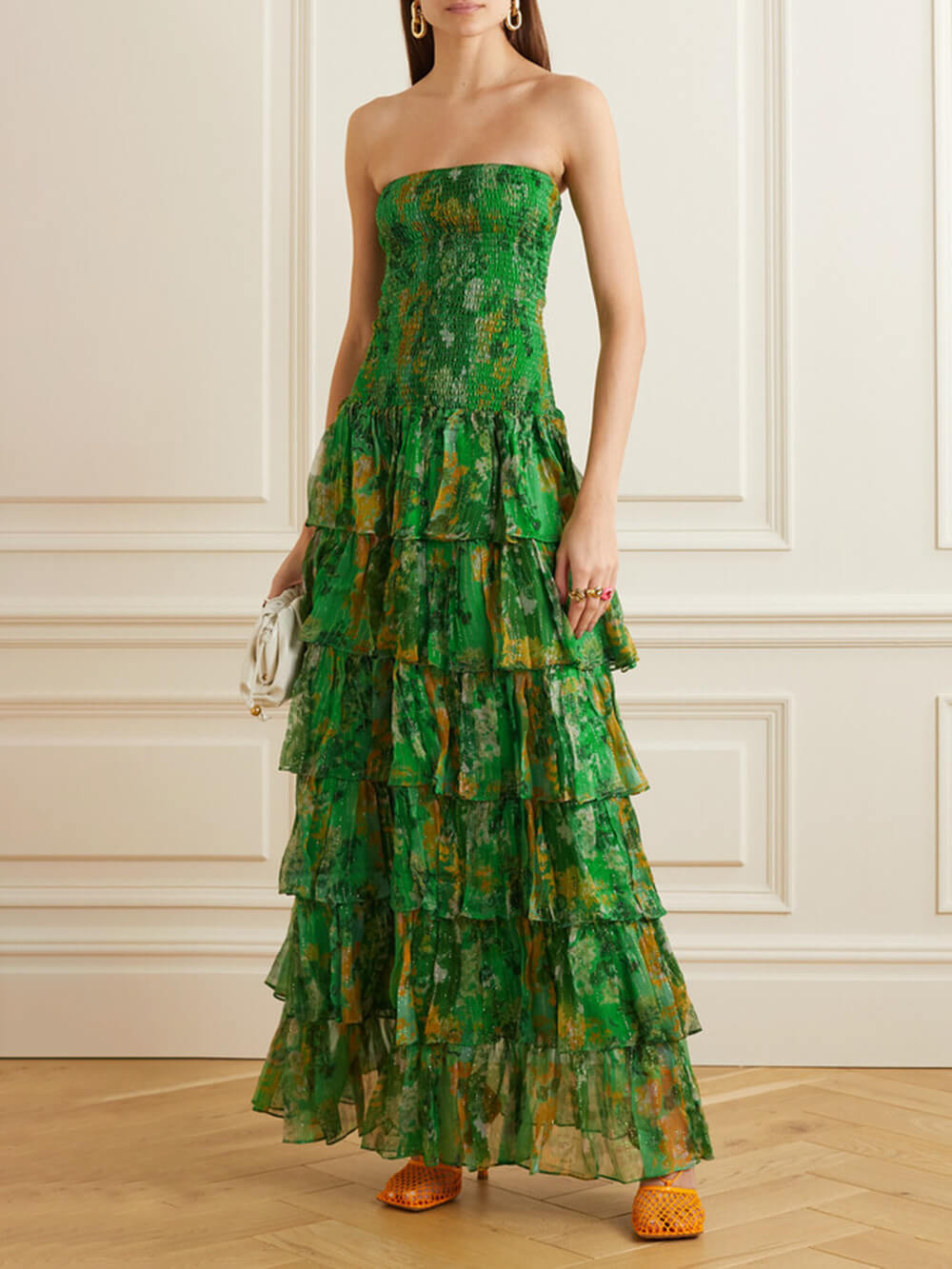 Strapless Smocked Tiered Ruffle Floral Print Maxi Dress 4