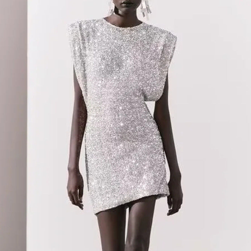 Structured Shoulder Crew Neck Sequin Mini Dress