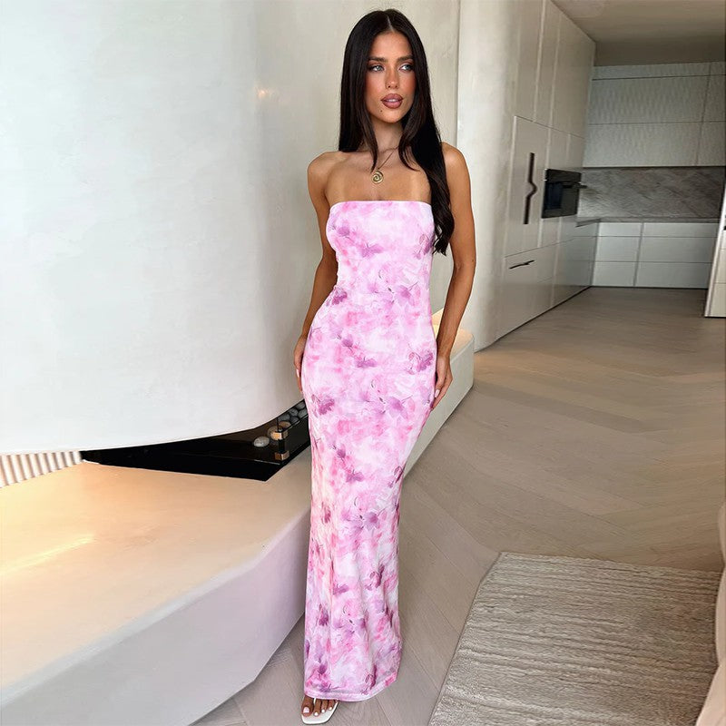 Strapless Abstract Watercolor Floral Print Bodycon Maxi Dress