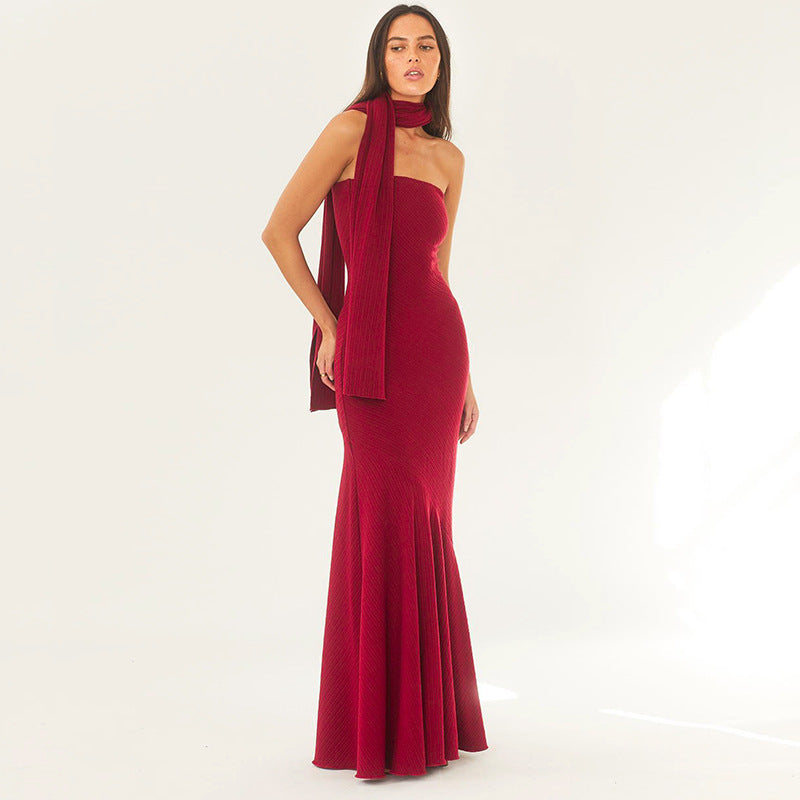 Strapless Ribbed Texture Trumpet Mermaid Matching Scarf Maxi Gown