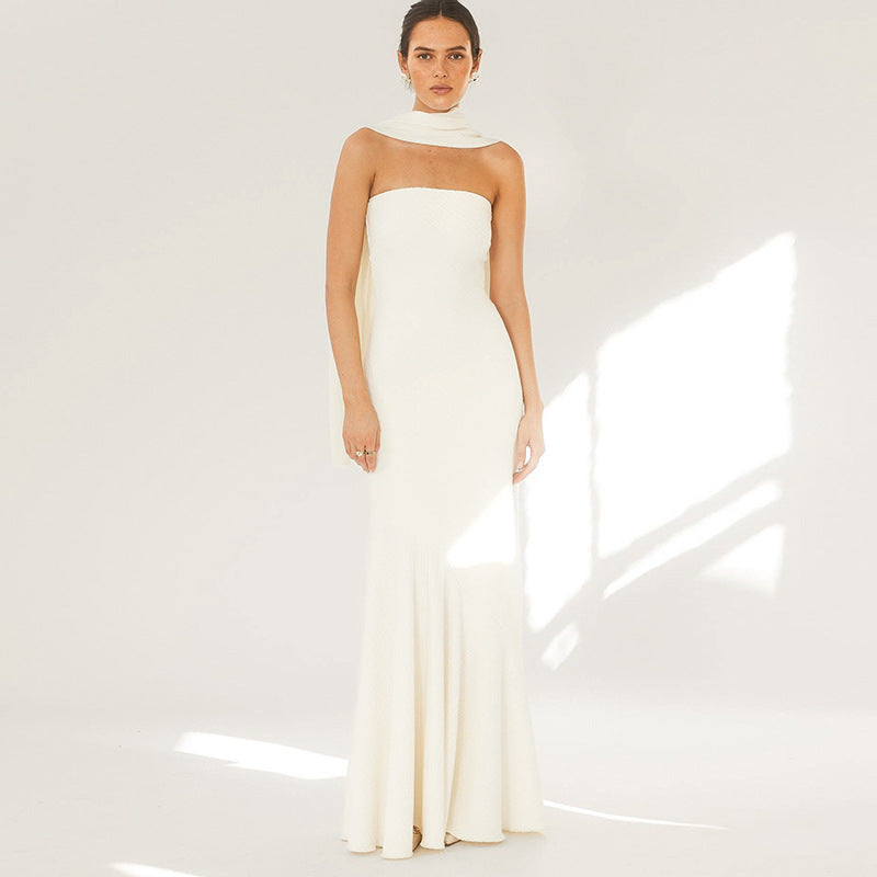 Strapless Straight Bandeau Trumpet Hem Matching Neck Scarf Maxi Gown