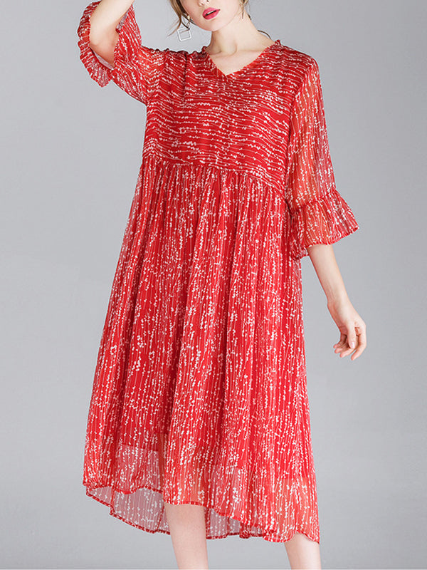 V-Neck Tiered Bell Cuff Empire Waist Pleated Dotted Midi Dress