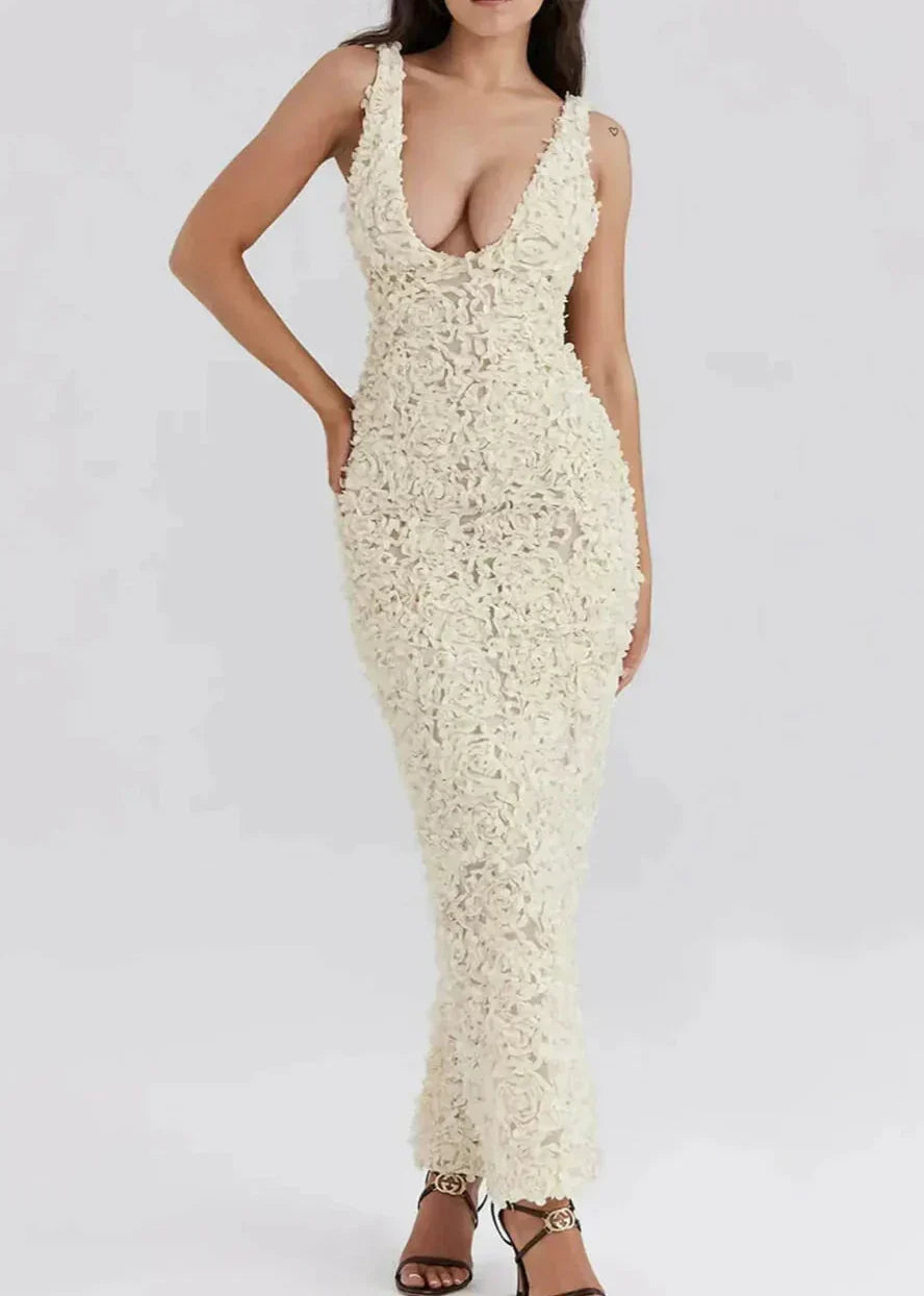 Petal Rosette Applique Plunging Scoop Neck Sleeveless Bodycon Maxi Dress 5