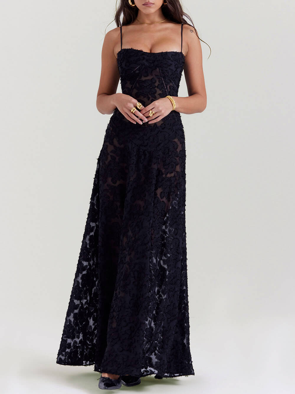 Floral Lace Burnout Square Neck Spaghetti Strap Maxi Gown