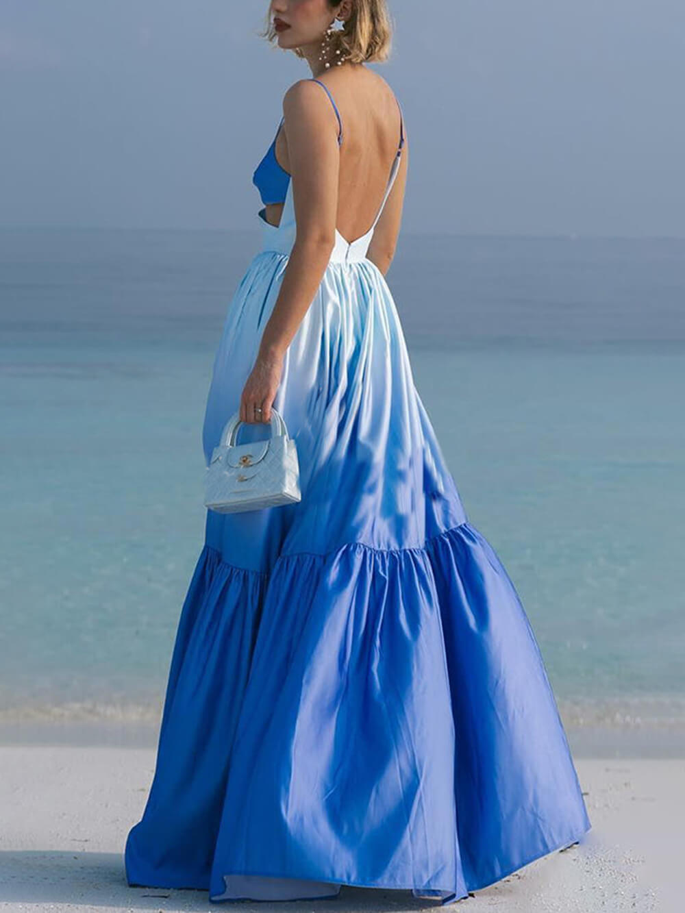 Ombre Print Sweetheart Spaghetti Strap Waist Cutout Tiered Ruffle Maxi Dress 2