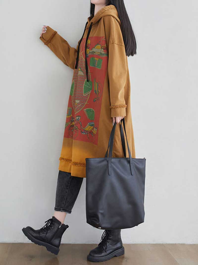 Hooded Drawstring Frayed Hem Graphic Print Oversized Sweatshirt Midi Dress 5