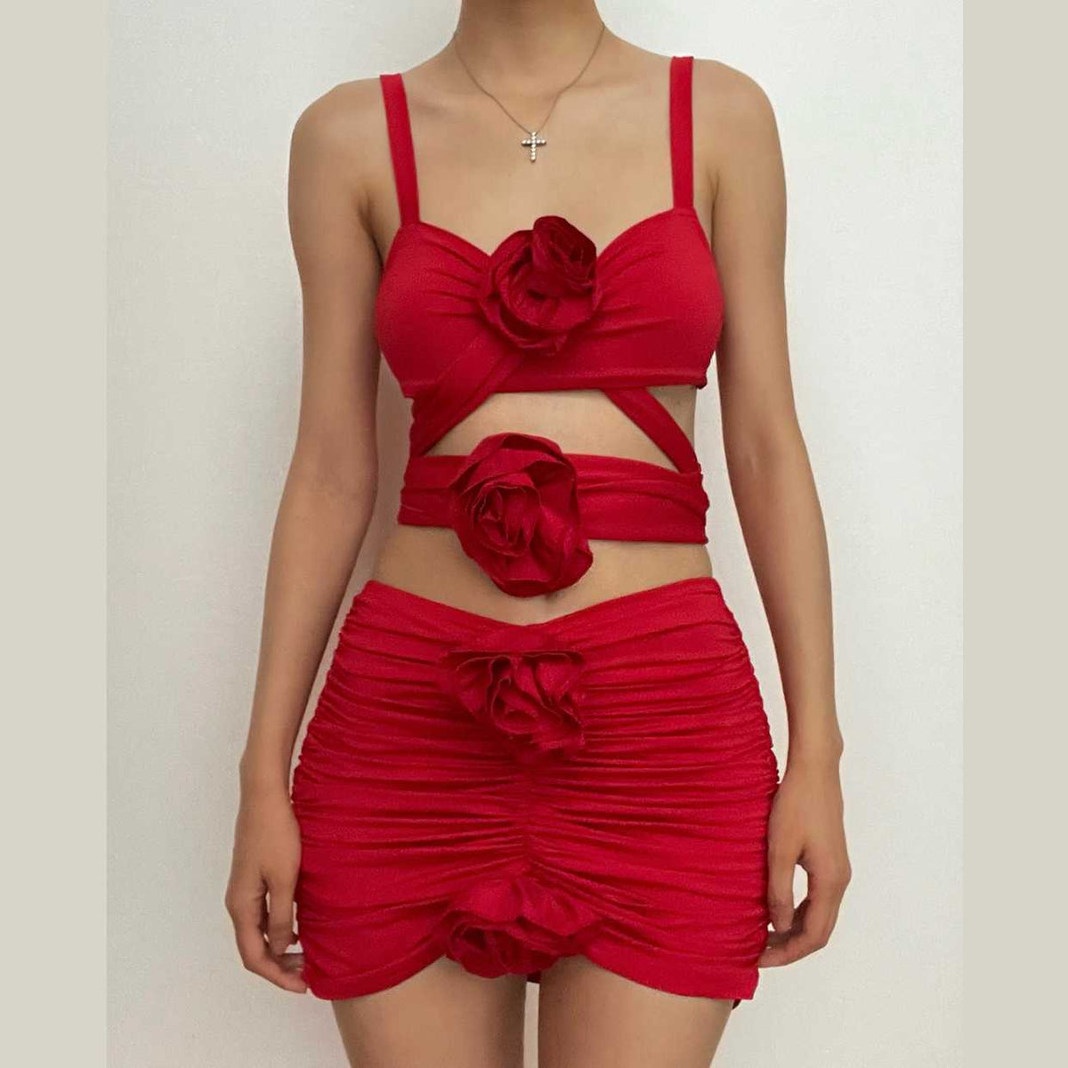 Rosette Applique Spaghetti Strap Cutout Wrap Front Ruched Mini Dress Set
