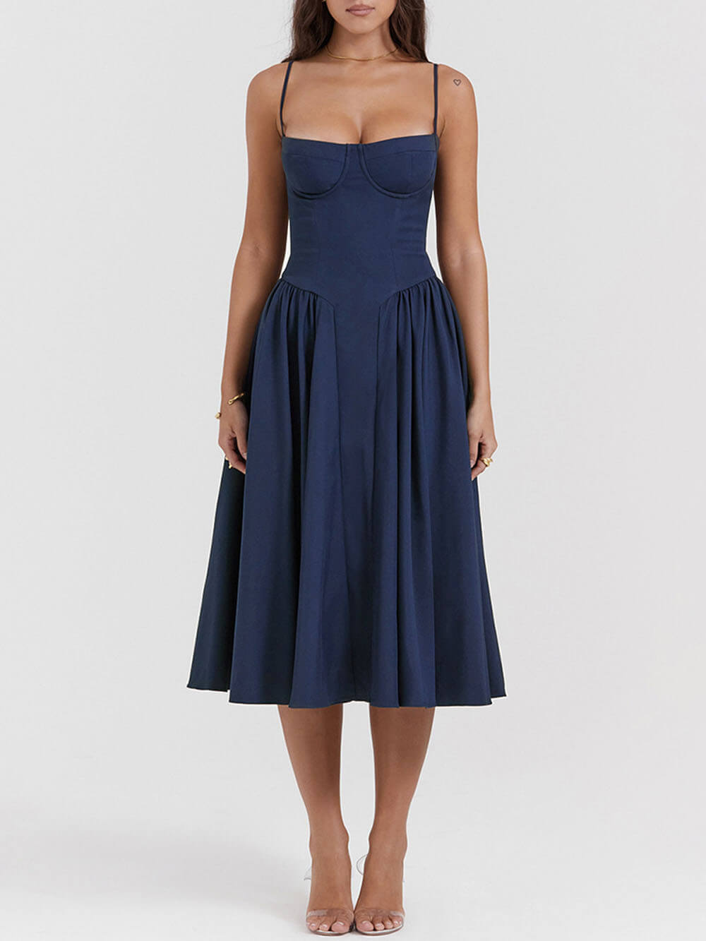 Sweetheart Bustier Spaghetti Strap Dropped Waist Pleated Pocket Midi Dress 4