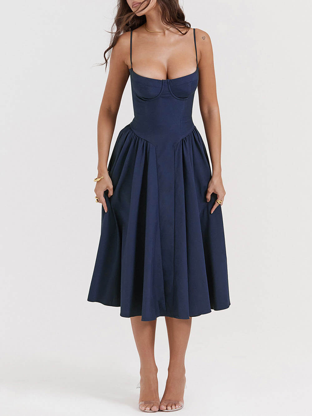 Sweetheart Bustier Spaghetti Strap Dropped Waist Pleated Pocket Midi Dress 3