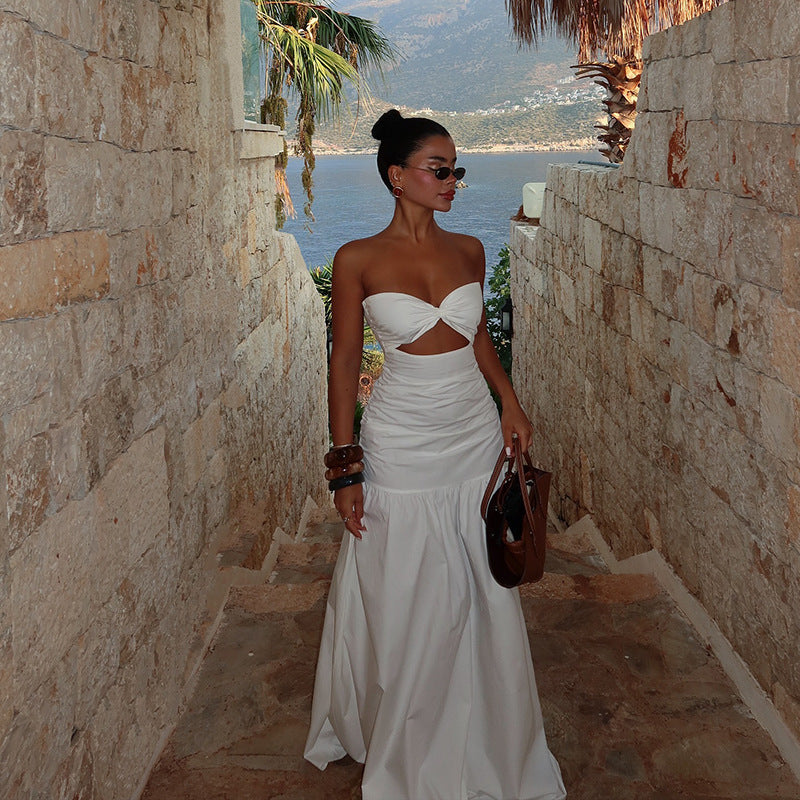 Strapless Twist Bust Underbust Cutout Ruched Drop Waist Ball Gown Maxi Dress