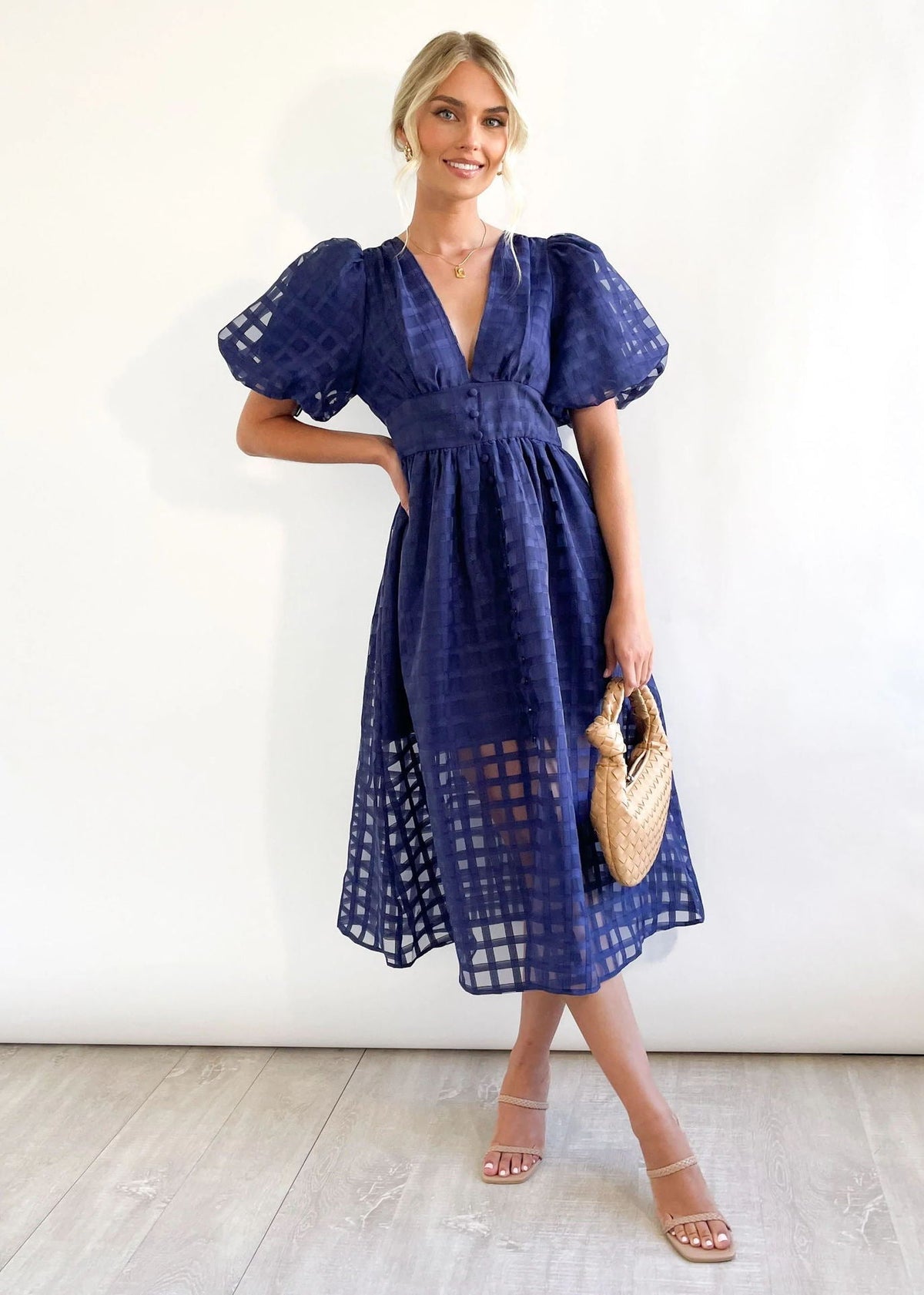 Plunge V-Neck Puff Sleeve Button Front Grid Texture Midi Dress