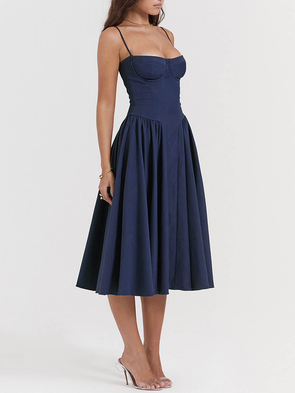 Sweetheart Bustier Spaghetti Strap Dropped Waist Pleated Pocket Midi Dress 2