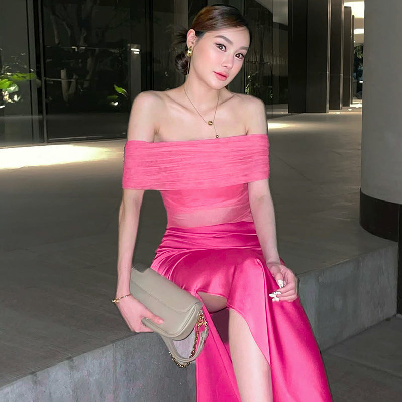 Off Shoulder Horizontal Ruched Mesh Waist Panel High Slit Satin Maxi Gown