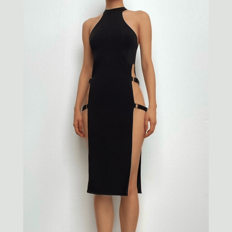 Halter Neck Ring Detail Side Cutout Strap Midi Dress