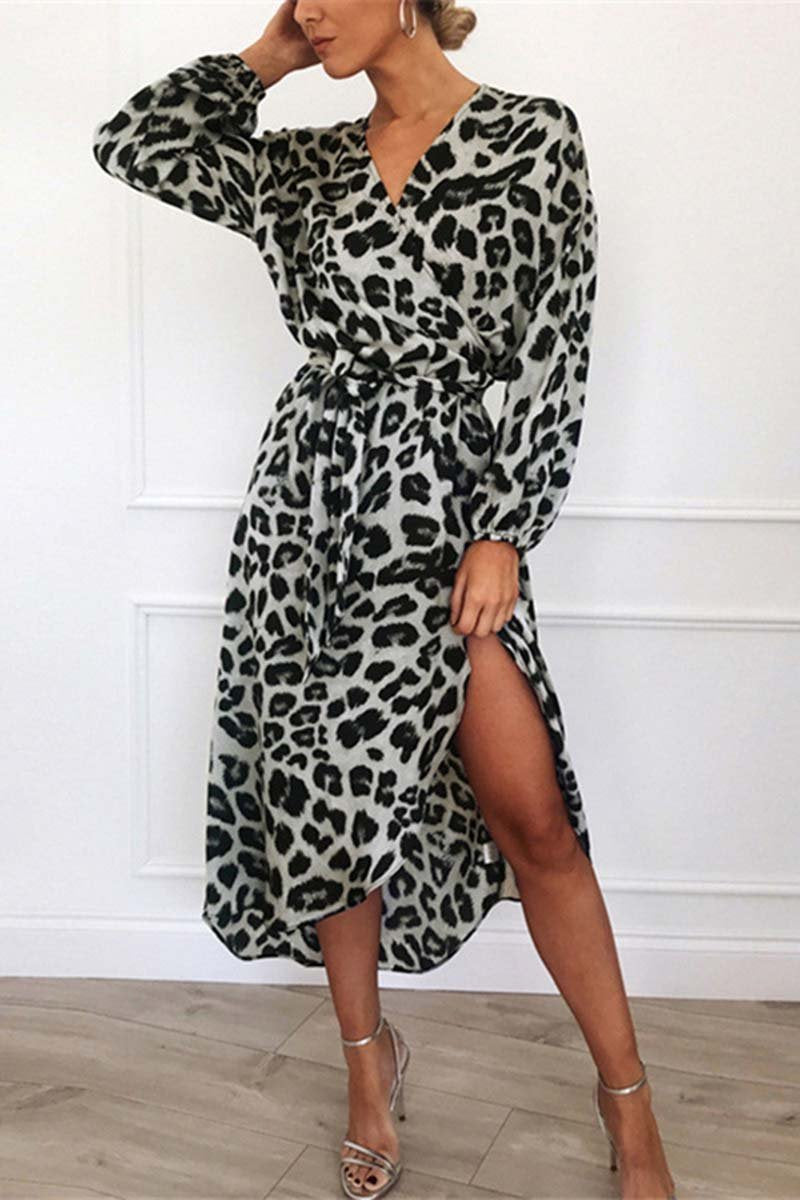 Print Wrap V-Neck Long Sleeve Tie Waist High Low Slit Midi Dress 2