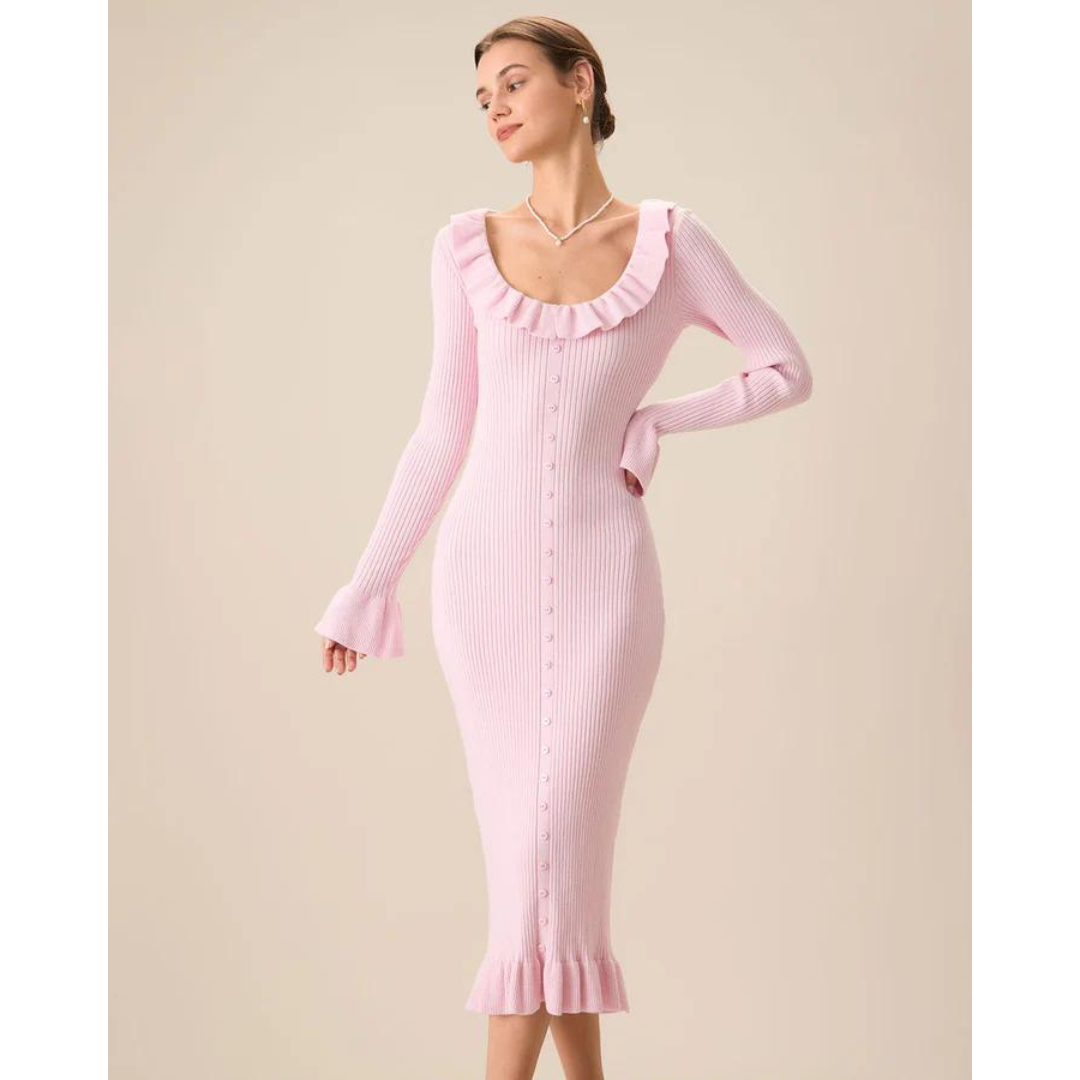 Ruffle Trim Scoop Neck Button Front Rib Knit Midi Dress 2
