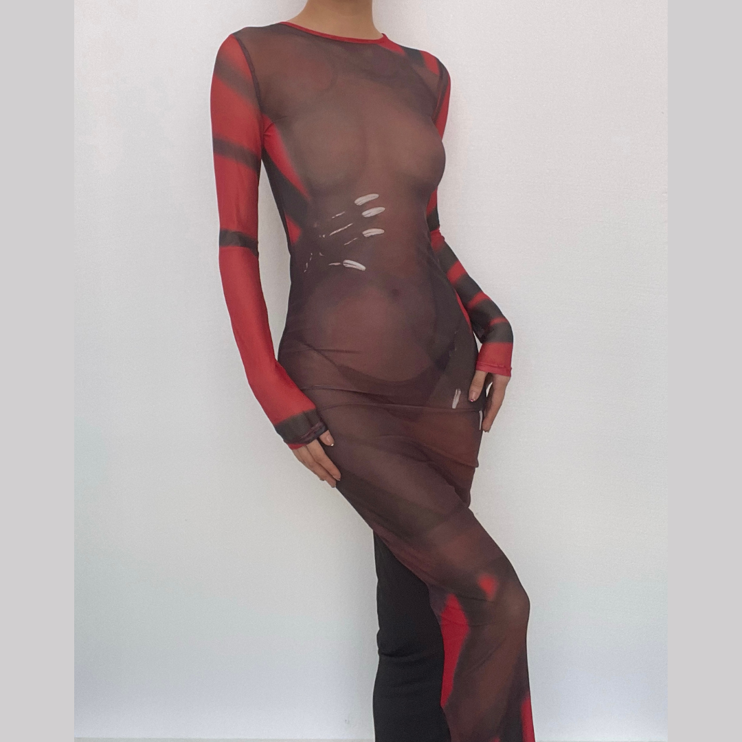 Sheer Mesh Long Sleeve Abstract Handprint Graphic Band Maxi Dress