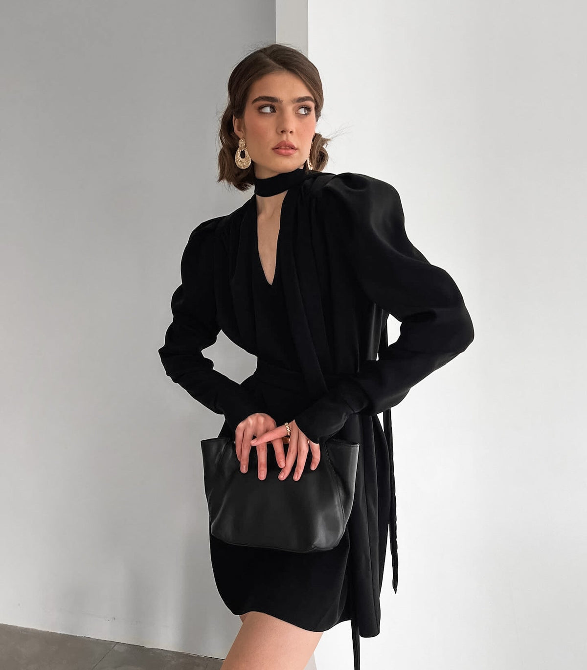 Mock Neck Ruched Cutout Bodycon Mini Dress