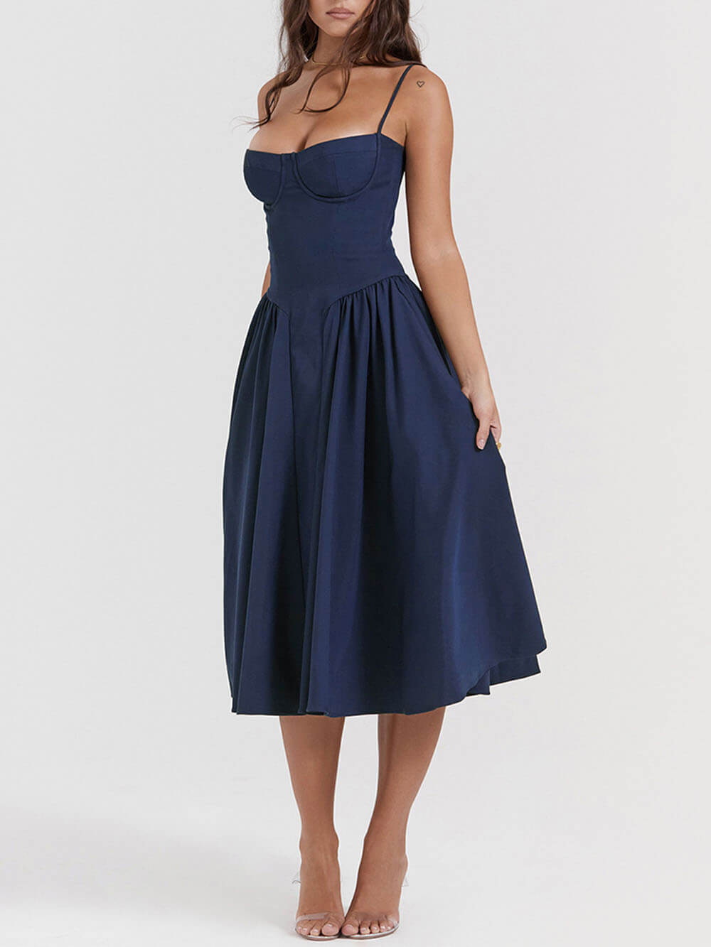 Sweetheart Bustier Spaghetti Strap Dropped Waist Pleated Pocket Midi Dress 5
