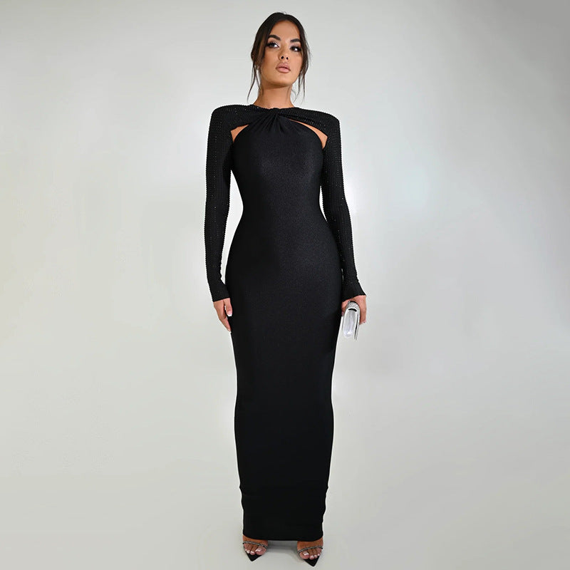 Halter Neck Shoulder Cutout Beaded Sleeve Maxi Gown