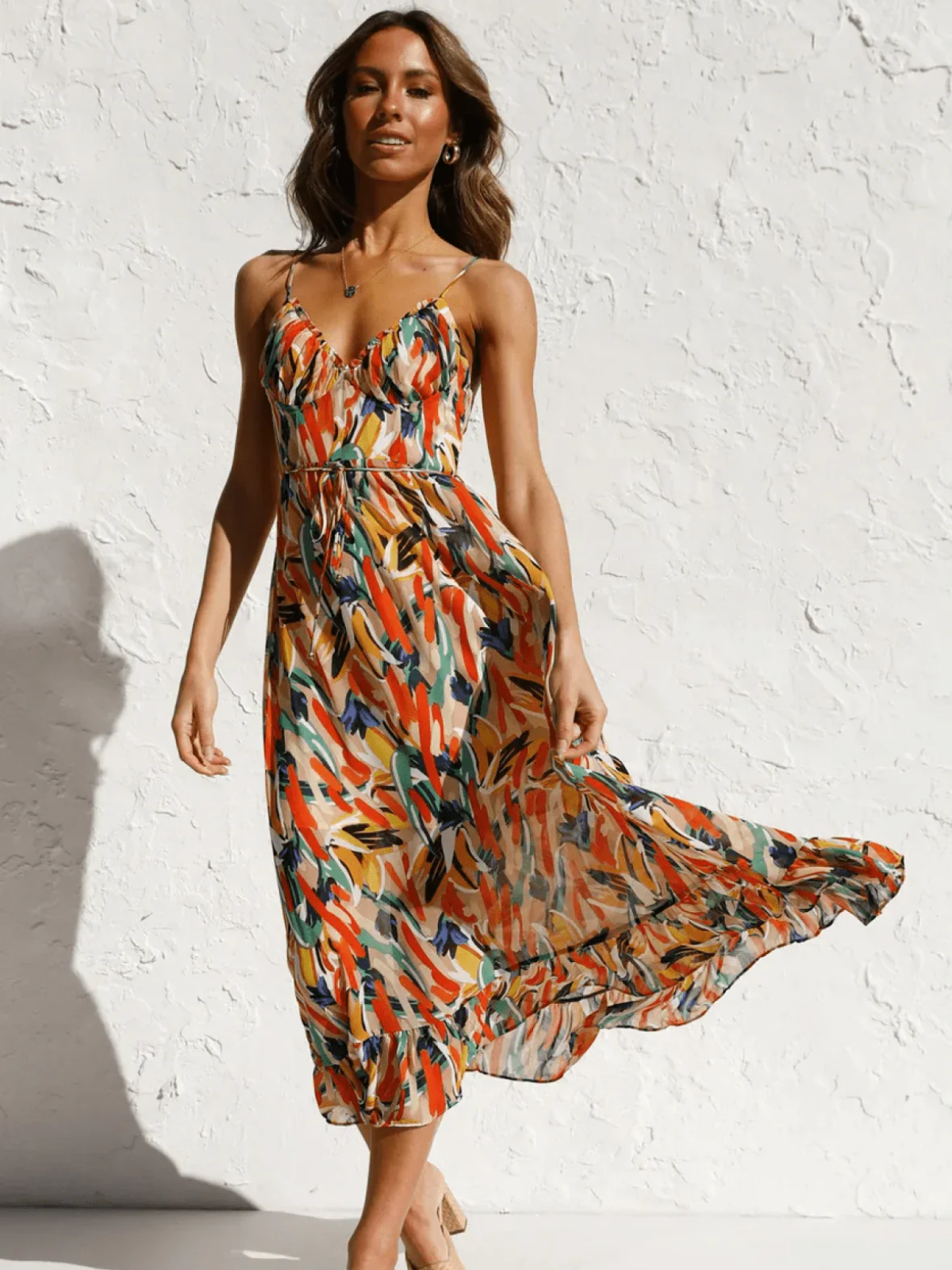 Abstract Brushstroke Print Spaghetti Strap Ruched Bust Tie Waist Midi Dress