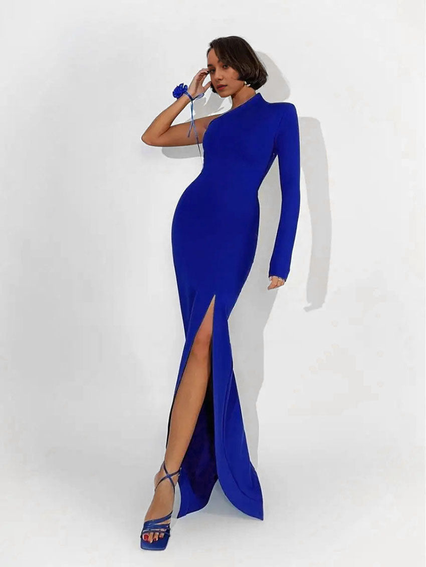 One Shoulder Mock Neck Fitted High Slit Column Maxi Gown