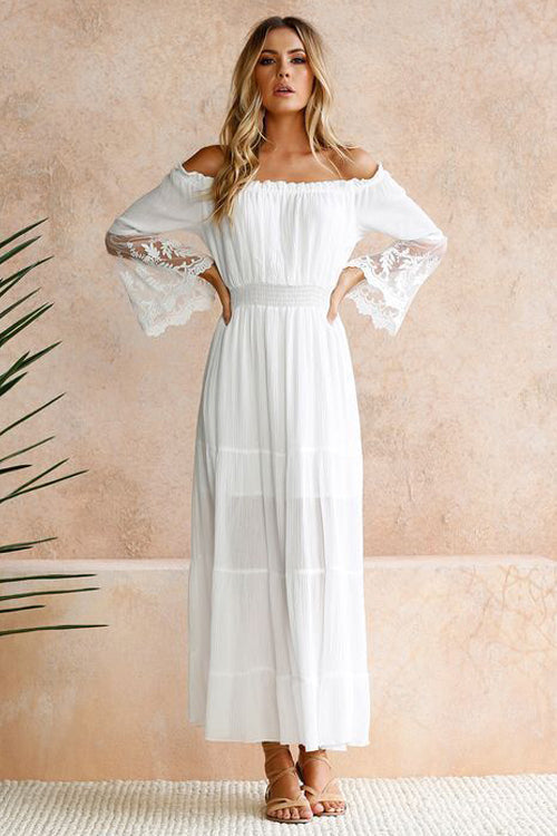 Off Shoulder Smocked Lace Cuff Bell Sleeve Tiered Maxi Dress 2
